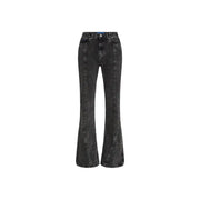 Karl lagerfeld women’s black cotton denim flare pants with high waist and subtle fading details front view