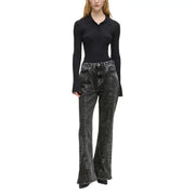 Black ribbed knit long-sleeve polo shirt with classic collar and button front for Karl Lagerfeld women’s cotton jeans