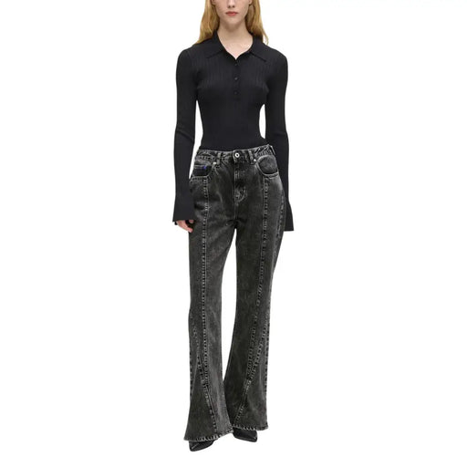 Black ribbed knit long-sleeve polo shirt with classic collar and button front for Karl Lagerfeld women’s cotton jeans