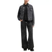 Karl lagerfeld women’s black organic cotton jeans paired with a black denim jacket featuring button-front and flap pockets