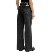 Back view of Karl Lagerfeld women’s black organic cotton wide-leg jeans with faded wash and white stitching