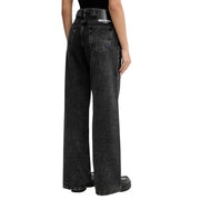Back view of Karl Lagerfeld women’s black organic cotton wide-leg jeans with faded wash and white stitching