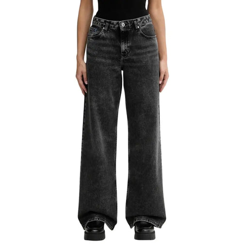 Karl Lagerfeld women’s black organic cotton wide-leg jeans with faded distressed finish and classic five-pocket design