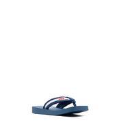 Navy blue kenzo men flip flop with white and red striped rubber strap and small rectangular logo tag front view