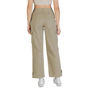 Women beige cotton elastane trousers with khaki wide-leg cargo style and ankle tabs