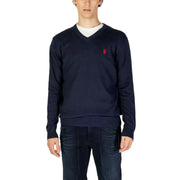 Navy blue v-neck sweater with red and white logo, u.s.