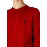 Red long-sleeved knitted crew neck sweater with small navy blue embroidered logo on left chest from knitted clothing collection