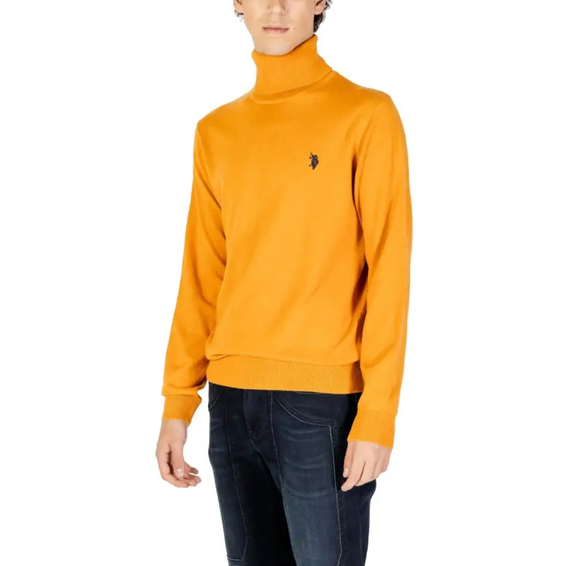 Mustard yellow turtleneck sweater with polo logo.