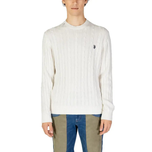 White ralph lauren crewneck sweater with ribbed texture and small embroidered logo on left chest.
