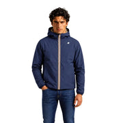 Navy blue kway men polyester hooded zip blazer jacket with beige zipper and subtle chest logo