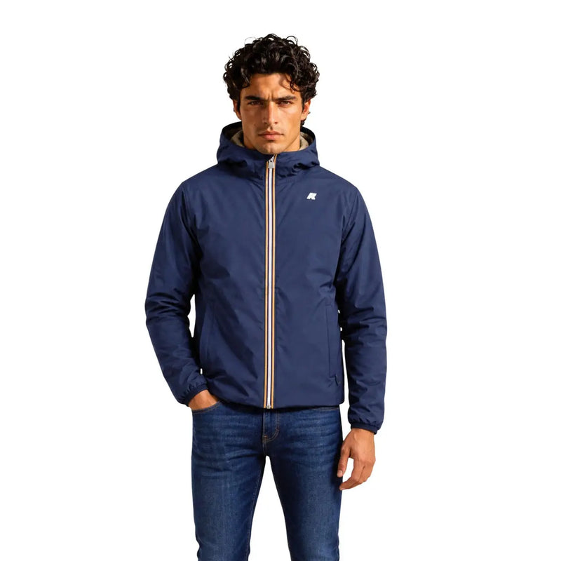 Navy blue kway men polyester hooded zip blazer jacket with beige zipper and subtle chest logo