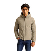 Beige hooded puffer jacket with subtle white chest logo in kway men blue polyester hooded zip blazer jacket style