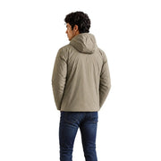 Beige hooded puffer jacket with quilted panels and streamlined silhouette for men by Kway in polyester material