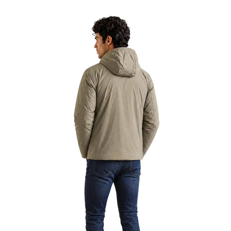 Beige hooded puffer jacket with quilted panels and streamlined silhouette for men by Kway in polyester material