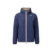 Navy blue polyester hooded zip blazer jacket with tan zipper and lining featuring minimalist chest logo by Kway Men