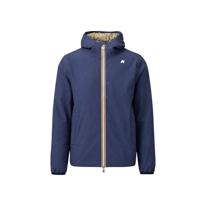 Navy blue polyester hooded zip blazer jacket with tan zipper and lining featuring minimalist chest logo by Kway Men