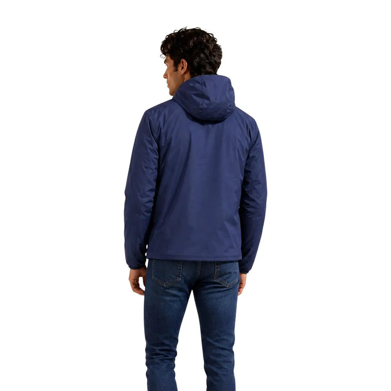 Navy blue kway men polyester hooded zip blazer jacket showcasing a front view with a sleek design