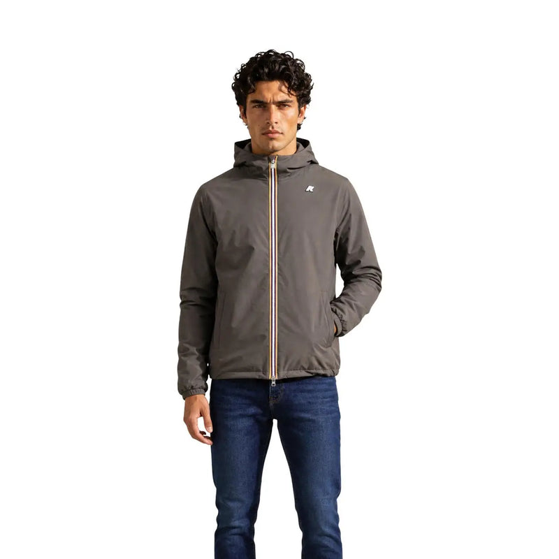 Kway men blue polyester hooded zip blazer jacket in sleek dark gray with striped zipper and small chest logo