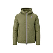 Olivgrüne Steppjacke mit Kapuze, gold-schwarz gestreiftem Reißverschluss und K-Way-Logo auf der linken Brust, aus Nylon-Polyester.