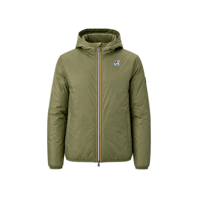 Olivgrüne Steppjacke mit Kapuze, gold-schwarz gestreiftem Reißverschluss und K-Way-Logo auf der linken Brust, aus Nylon-Polyester.
