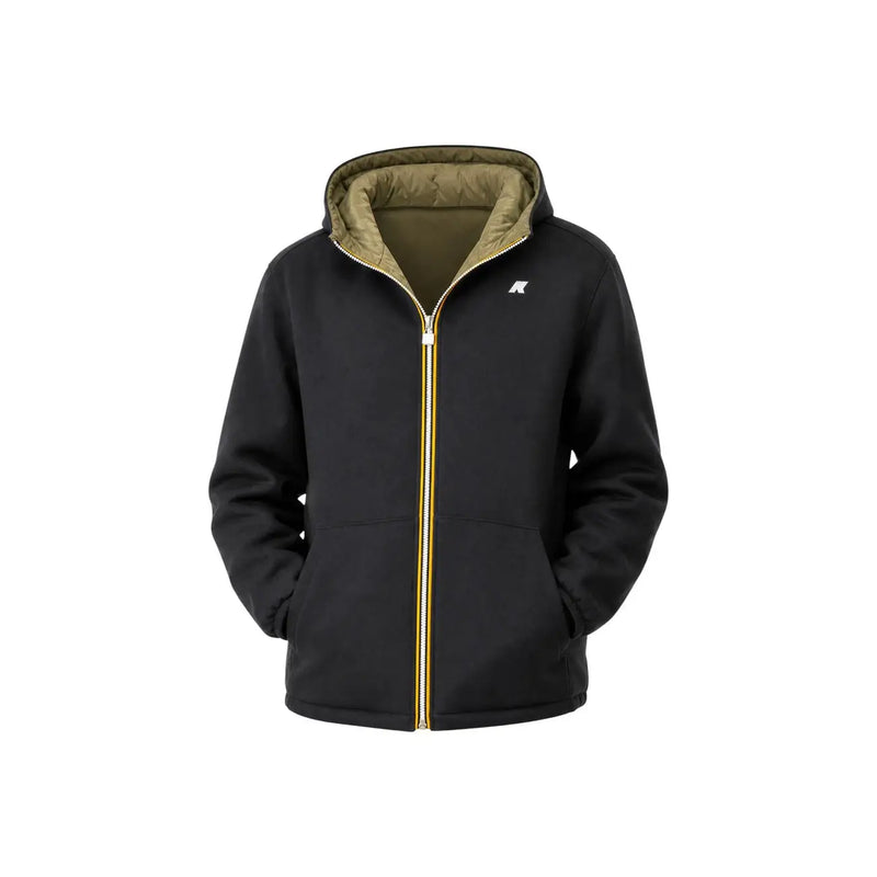 Schwarzer Herrenblazer von Kway aus Nylon mit Kapuze, goldverziertem Reißverschluss und olivgrünem, gestepptem Polyesterfutter