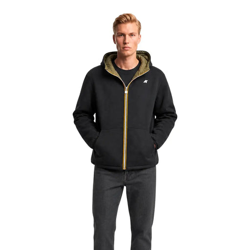Kway mens black nylon zip-up hoodie with olive green polyester lining and gold zipper trim for casual wear