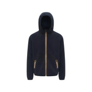 Der blaue Herren-Fleeceblazer von Kway mit Kapuze und Reißverschluss ist aus dunkelblauem Sherpa-Fleece gefertigt und verfügt über einen goldfarbenen Reißverschluss sowie Seitentaschen.