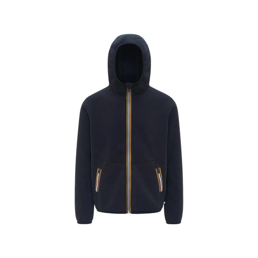 Kway mens blue fleece sherpa hooded zip blazer features dark navy blue fleece with gold-toned zipper and side pockets