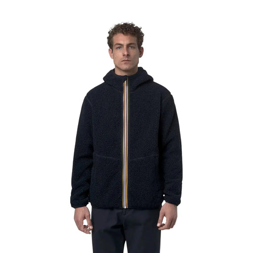 Black textured fleece hooded jacket with contrasting gold and white zipper from Kway mens blue fleece sherpa collection