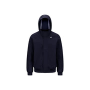 Le blazer d'hiver à capuche bleu marine pour homme de Kway est un modèle à fermeture éclair avec un logo blanc discret et des bandes réfléchissantes sur la capuche.