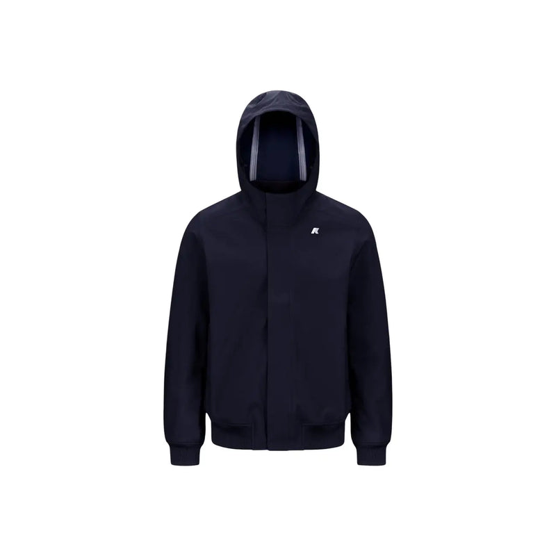 Le blazer d'hiver à capuche bleu marine pour homme de Kway est un modèle à fermeture éclair avec un logo blanc discret et des bandes réfléchissantes sur la capuche.