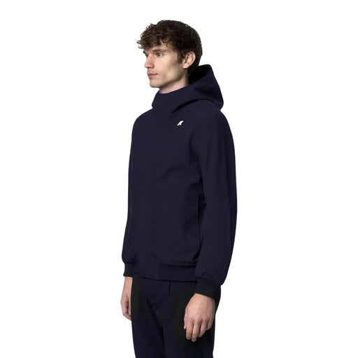 Navy blue kway mens hooded polyamide winter blazer with small white logo on the chest front