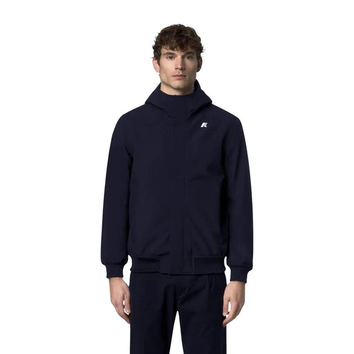 Navy blue hooded polyamide winter blazer with subtle white logo on left chest from kway mens collection