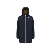 Veste blazer à capuche bleue en polyester pour homme Kway, avec manteau bleu marine foncé, fermeture éclair dorée et logo discret sur la poitrine.