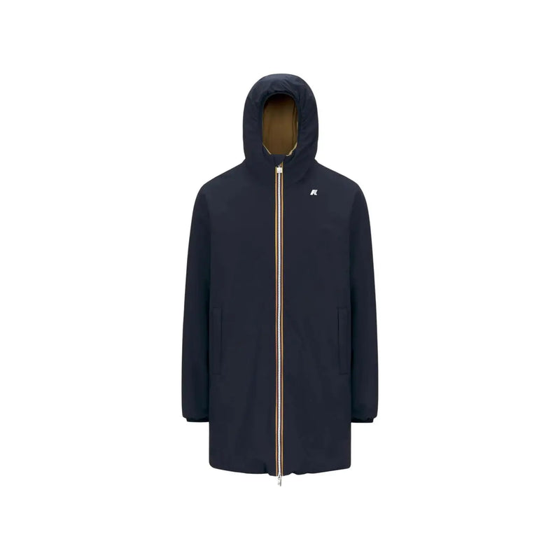 Veste blazer à capuche bleue en polyester pour homme Kway, avec manteau bleu marine foncé, fermeture éclair dorée et logo discret sur la poitrine.