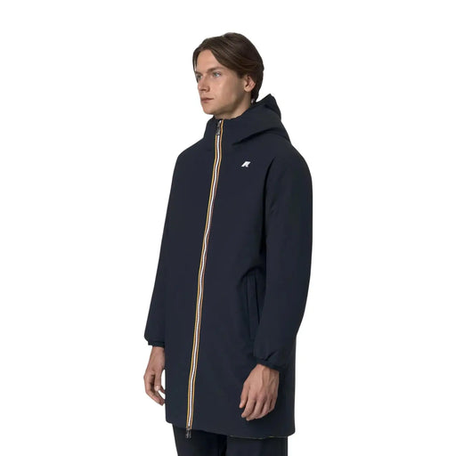Navy blue kway mens hooded blazer jacket made of polyester with gold and white zipper pull and subtle chest logo