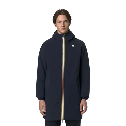 Navy blue kway mens polyester hooded blazer jacket featuring gold and white striped zipper pull