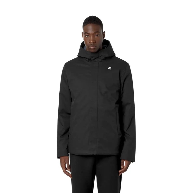Kway mens winter blazer black polyester hooded jacket with subtle white logo on left chest front side