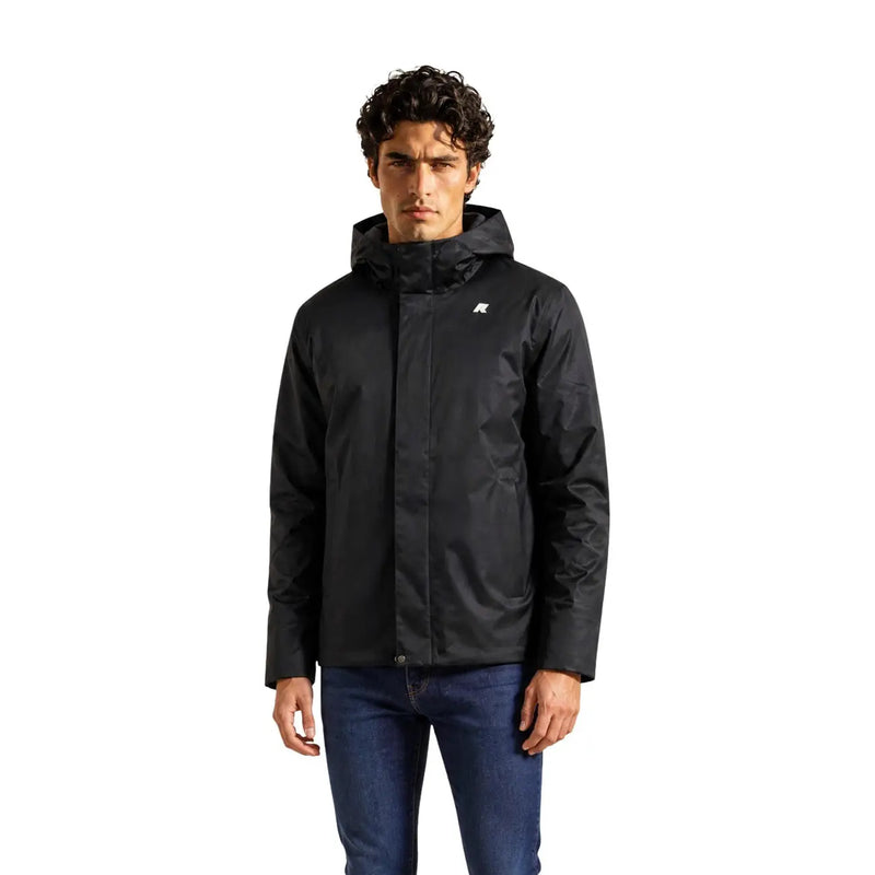 Kway mens winter blazer black polyester waterproof hooded jacket with subtle white logo on left chest