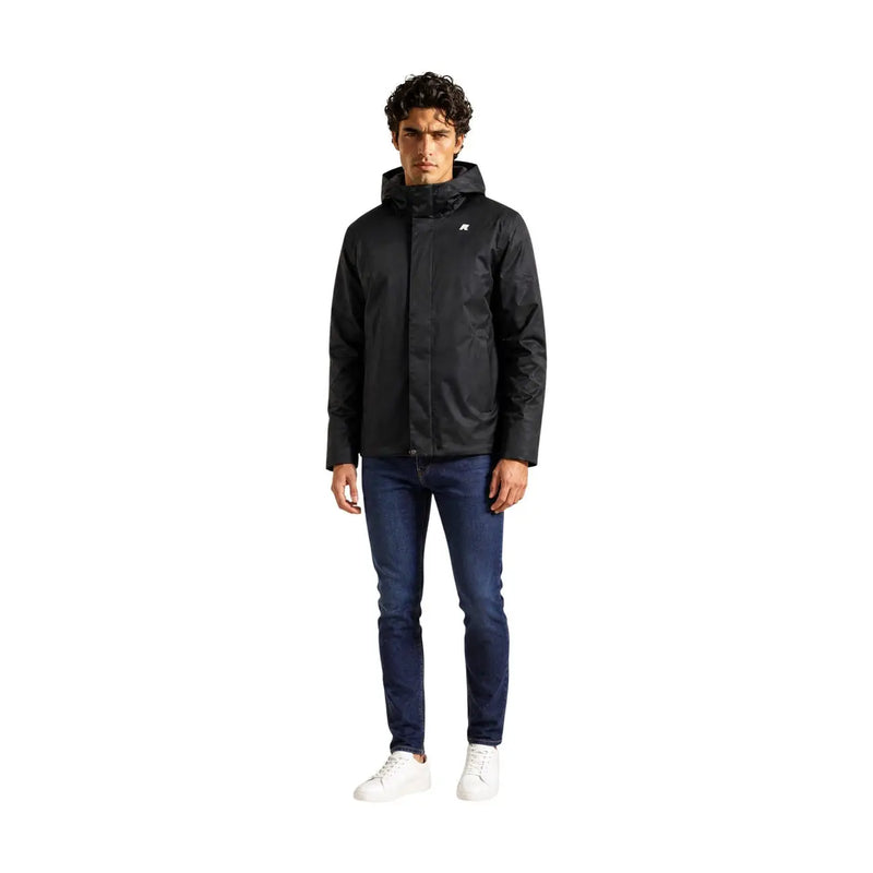 Kway mens winter blazer black polyester hooded jacket with a subtle white logo on the chest front view