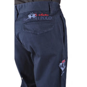 Back side of la martina men blue cotton trousers in dark navy blue with red white and gray embroidered logos