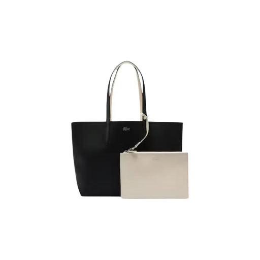 Sac cabas Lacoste en cuir noir avec anses crème et pochette assortie