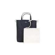 Navy blue Lacoste tote bag with white leather handles and matching clutch pouch in Lacoste black zip handbag set