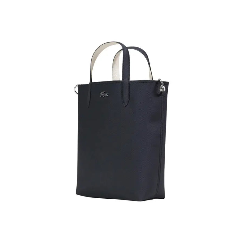 Lacoste black zip handbag tote with shoulder strap white interior lining and silver-tone hardware