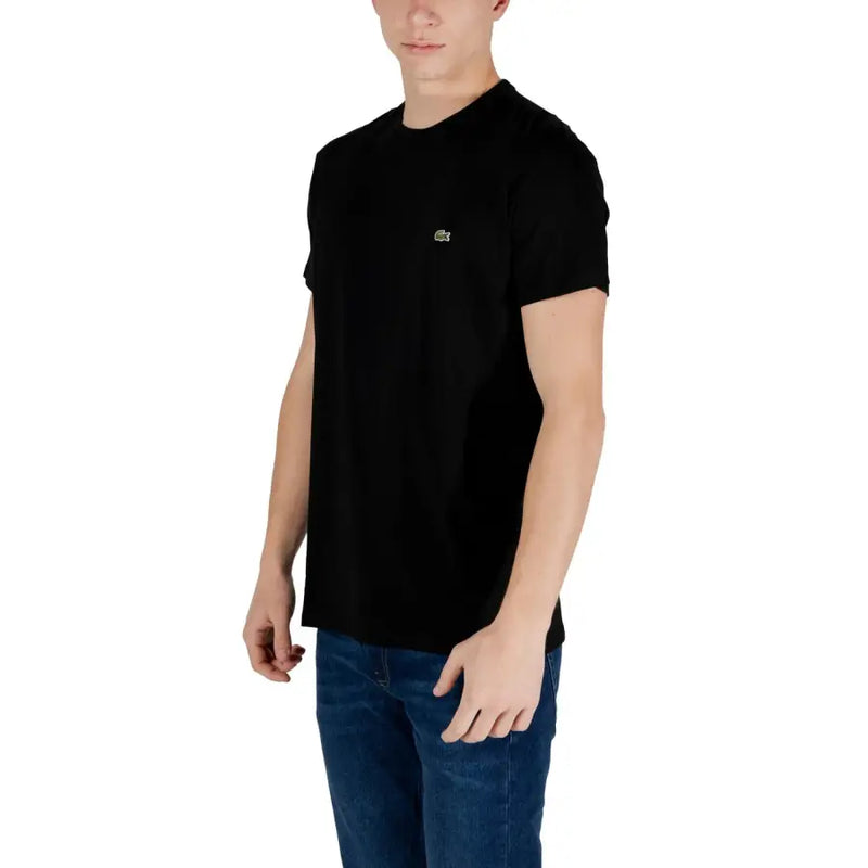 Lacoste men black short round neck t shirt featuring a small embroidered crocodile logo on the left chest