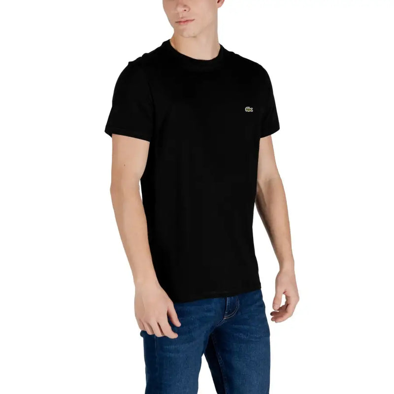 Lacoste men black short-sleeved cotton t shirt with round neck and small embroidered crocodile logo on left chest