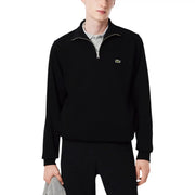 Lacoste men black cotton half-zip sweater featuring a subtle green crocodile logo on the chest