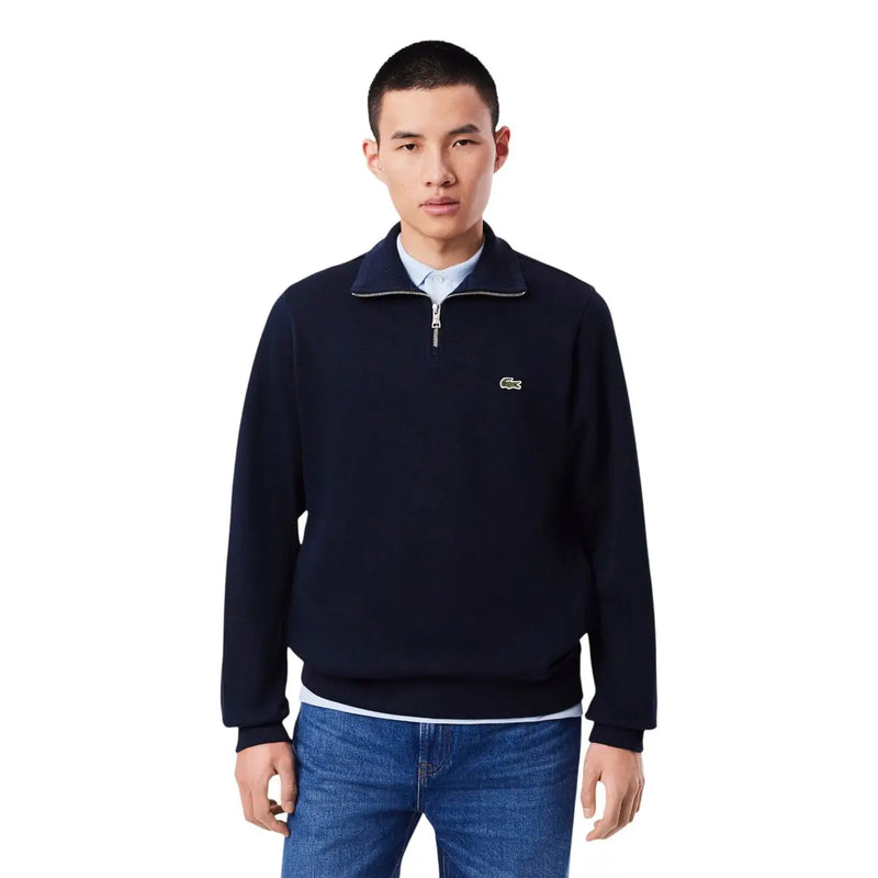 Navy blue Lacoste men cotton half-zip sweater with subtle green crocodile logo on the chest