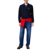 Lacoste men blue cotton half zip sweater with white collar and embroidered crocodile logo on the chest