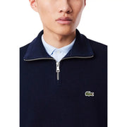 Lacoste men blue cotton turtleneck sweatshirt with navy blue ribbed knit half-zip and silver zipper with green crocodile logo